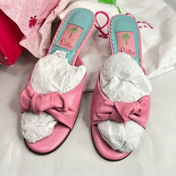 Lilly Pulitzer Women's Napa Sandals Slides Hibiscus Pink Leather Bow Kitten Heel - Picture 2 of 9
